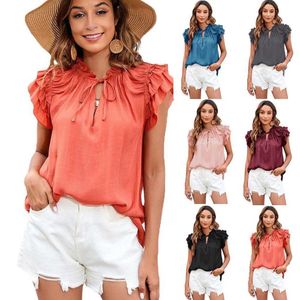 Summer Loose Solid Color Ruffle Womens Blouses Sleeve Top V Neck Clothing T Shirt