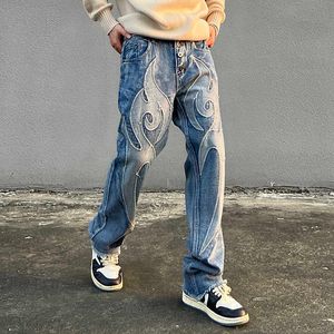 Men's Jeans High Street Solid Color Patchwork Skulls Embroidery Casual Denim Pants Men and Women Elastic Waist Baggy Trousers Y2303