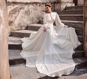 シンプルなA-Line Chiffon Wedding Dress Boho Backless Lace Aptliques Long Puff Sleeves Bridal Gown Summer Beach 2023 Vestidos de noiva