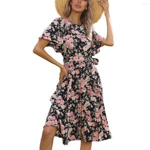 Partykleider 2023 Mode Damen Sommer Midi Kleid Rüschen Kurzarm Plissee mit Gürtel Blumen Urlaub Strand Boho Drop