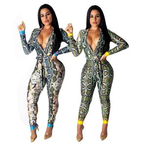 Women's Jumpsuits & Rompers 2023 Women Summer Snakeskin Leopard Print Deep V-neck Sashes High Waist Jumpsuit Sexy Party Bodycon Romper Plays