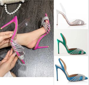 Dress shoes bride pumps PVC Ankle Strap women high heels Beaded stiletto heel Aquaz- strass pointy toe sling back sandals luxury brand