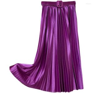 Kjolar streetwear för kvinnor solid ljus färg veckad kjol elegant y2k stor swing en linje lång bälte faldas largas mujer