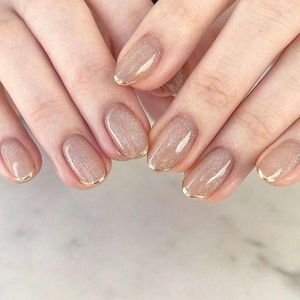 False Nails 24pcs Almond French Pink Grey With Gold Edge Designs Full Cover Detachable Nail Tips Press On