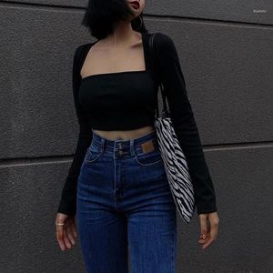 Women's T Shirts Women Autumn Basic Slim T-Shirt Sexy Low Cut Square Neck Bodycon Tee Crop Top Female Casual Solid Color Long Sleeve Shirt