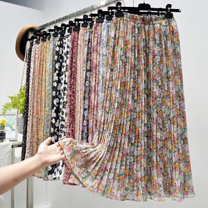 Saias verão mulheres vintage floral impressão chiffon plissado elástico cintura alta casual midi roupas femininas jupe 230301
