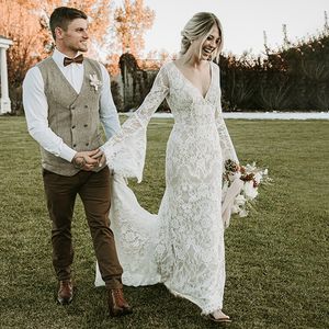 Koronka z długim rękawem Suknia ślubna syreny Boho 2023 Seksowna V Neck Backless Cywilna Krajowe suknie ślubne Ogródka Burzana panna młoda giown szaty de Mariee vestidos de novia