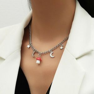 Pendant Necklaces Fashion Silver Color Metal Chain Star Moon Pendants For Women Glass Mushroom Necklace Party Jewelry