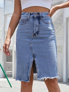 Skirts Vintage High Waist Split Sexy Midi Denim Skirt Ins Blue Jeans Womens Irregular Elegant 2023 Spring Summer