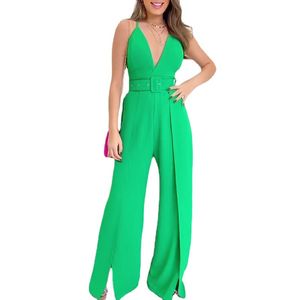 2023 Yeni Kadın Tulumları Torpers Sne0165 Tasarımcı Düz ​​Renk Tek Parçalı Sırıştırıcılar Derin V Yastık Geniş Bacak Pantolon Yaz Moda Moda Pantolon Sokak Giyim
