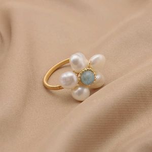 Cluster Rings XlentAg 2022 18K Electroplated Aquamarine Natural Freshwater Pearl Adjustable Ring Lady's Flower Winding Casual Jewelry G230228