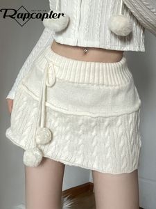 Skirts Rapcopter y2k Knitted Mini Skirts Lace Up Fur Cute Sweet Pencil Skirts Twist Skinny Low Waisted Short Women Skirts Autumn Chic 230301