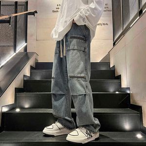 Mäns jeans streetwear hip hop låg stigning för män koreanska y2k modebyxor korsa denim byxor svart grå blå baggy jeans manliga lastbyxor z0301