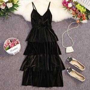 Sukienki swobodne czarne aksamitne vintage sukienka ciastek Slim Sexy Spaghetti Straps V-deter-Ceck Formal Banquet Event Evidos