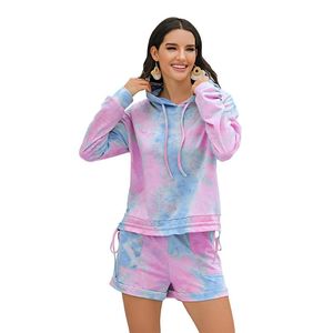 Women's Tracksuits Casual Sports Home Suit Female Tie-Dye Printed Hooded Long Sleeve Fleece And Shorts Two-Piece Set