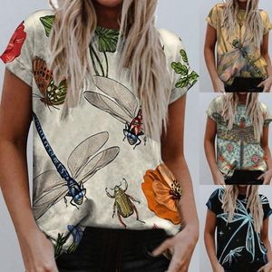 Women's T Shirts 2023 Summer Women's Round Neck T-shirt Standalone Dragonfly 3D Printed Ladies Fashion (Multi Co