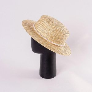 Wide Brim Hats King Wheat 2023 Spring Summer Straw Grass Shade Women Sun Casual Pearl Chain Blogger Seaside Beach Flat Cap Chapeau Femme