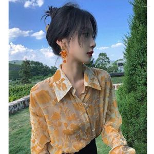 Women's Blouses Women Polo Collar Shirts Female Fashion Embroidery Long Sleeve Floral Print Tops Ladies Cotton Casual Button Loose G23