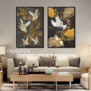 Chinese Ancient Style Animal Canvas Painting Golden Flowers Crane Abstract Decorative Poster On The Wall Aesthetic Room Decor Woo
