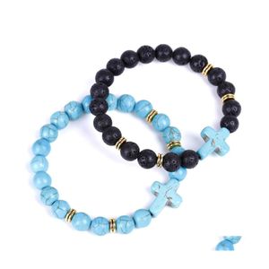 CAR DVR CHARME JACHELETS Cross Charms Lava Beads Strand Classic 8mm Turquoise Stone Elastic Friendship Armband Beach For Women Men smycken D DHBNC