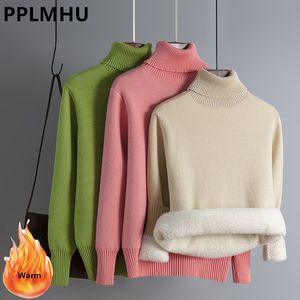 Suéteres femininos Sweater de gola alta de inverno Mulheres Slim Plus Velvet engrosse