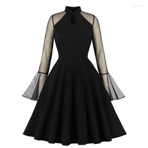 Casual Dresses Black Women Flare Sleeve Mesh Keyhole Elegant Ladies Party Kne Length a Line Skater klänning