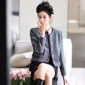 Women's Jackets Luxury Dark Blue Color Glitter Women Office Full Sleeves Buttons Tweed Elegant Lady Business Party Short COAT