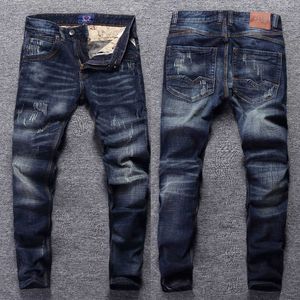 Herr jeans italiensk stil mode retro mörkblå elastisk smal fit rippad streetwear vintage designer denim pants hombre y2303