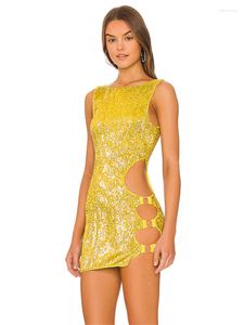 Casual Dresses WJFZQM Women Sequins Glitter Sparkle Bodycon Short Mini Dress Evening Party Wrap Hip Sexy Hollow Out Club 2023