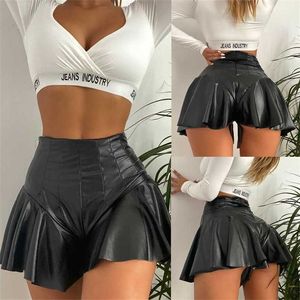 Moda Sexy PU Shorts Mulheres Pliceed Salia Nádega A-line Ruffle Short Leather Shairs