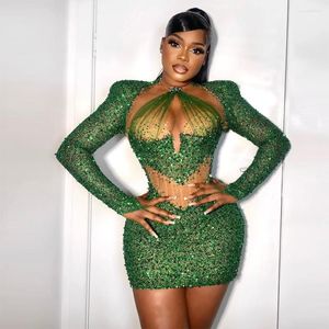 Party Dresses Green Fashion Sexy Long Sleeves Sequins Sparkly Short Mini Length Plus Size Women Cocktail Prom Gowns Custom Made