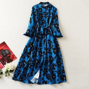 Spring Summer 3/4 Sleeve Stand Collar Dress Blue Floral Print Belted Single-Breasted Mid-Calf Elegant Casual Dresses Plus Size XXL 21O301027