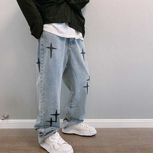 Jeans masculinos 2023 Vibe estilo bordado de bordado de bordado retro lavado calça de calça folgada calça de jeans de quadril de quadril