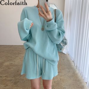 Women's Two Piece Pants Colorfaith Summer Autumn Women Sets 2 Outfits Matching Short High Waist Tracksuits Korean Wild Lady Suits WS3811 230228