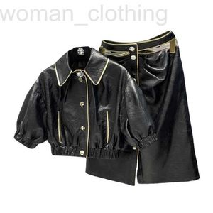 Two Piece Dress Designer Correct Edition Short Leather Sheepskin Coat with Hanging Strips Hollow Half Skirt Set 100% OUV1