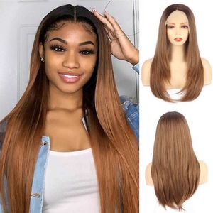 Women's wig new front lace wig medium length straight hair gradient brown chemical fiber headwear wigs 230301