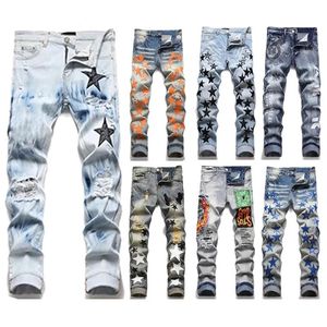 Jeans varsity Uomo Europeo Am Jean Hombre Lettera Star Uomo Skinny Ricamo Patchwork Strappato mens Trend Brand Motorcycle Pant # shop19