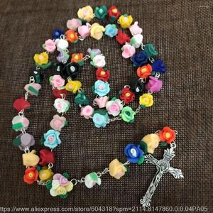 Kedjor Mixed Colorsoft Cerami Rosary Rose Flower Beads Jesus Cross Halsband Virgin Guadalupe Center