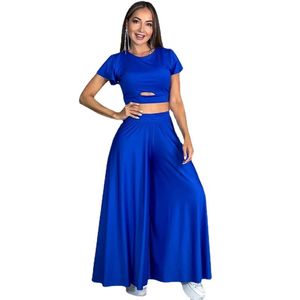 2023 Designer Women Two Piece Pants Sne0165 Summer Ruffle Sleeve Hollow Out T-shirt Hög midja raka byxor Set Leisure Street Fashion Suit