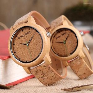 Wristwatches BOBO BIRD Couple Watches Lovers Wooden Timepieces Handmade Cork Strap Fashion Bamboo Quartz Man Wristwatch Customize Logo