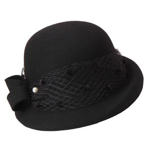 Berets Winter Wolle Dome Fedora Hut Dame Elegante Schleier Mode Warme Kappe Frauen Breiter Krempe Formale Fedoras Handgemachte Mesh Gaze hüte B-8907Berets