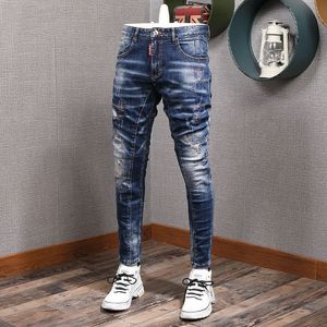 Men's Jeans European American Street Fashion Retro Blue Elastic Slim Ripped Spliced Designer Hip Hop Denim Punk Pants 230301