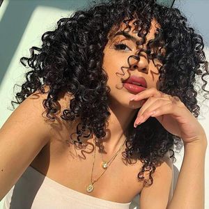 Short Curly Wigs For Black Women With Bangs Afro Short Kinky Curly Big Bouncy Hair Wig 12inch in Front 14 inch Back 150%full natural black