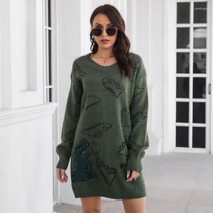 Casual Dresses Women Spring Autumn Cartoon Jacquard V-Neck Shoulder Drop Long Sleeve Medium Loose Knitted Sweater Dress Female Clothes