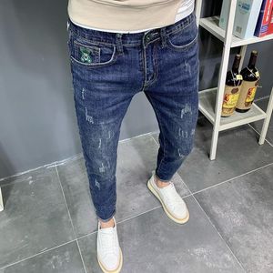 Erkek Kot Bahar Sonbahar Hip Hop İnce Şık Erkek Erkek Streç Lüks Kargo Yırtık Denim Tasarımcı Marka Erkekler Konik Uzun Pantolon