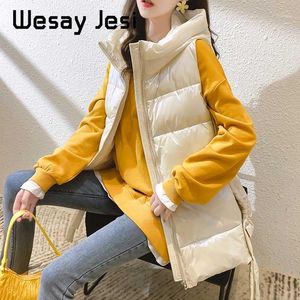 여성 조끼 가을 겨울 여성 조끼 코트 캐주얼 한 솔리드 반짝이는 직물 후드 웨이스트 코트 여성 면화 방수 슬리브리스 재킷