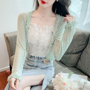 Женские куртки винтажные с длинным рукавом цветочное кружево плечо Bolero Cardigan Casacos Slim Tops Ladies White Jacket Spring Hover Женская одежда