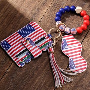 Keychains Trendy American Flag Pattern Tassel PU Leather Keychain Card Bag For Women Beads Bangle Key Ring Jewelry Gift