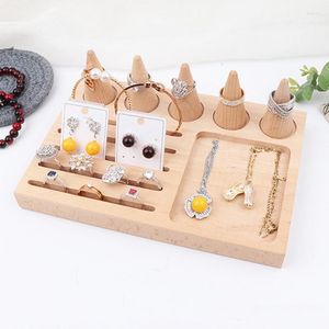 Jewelry Pouches Finger Type 5 Ring Display Stand Wooden Tray Counter Storage Box