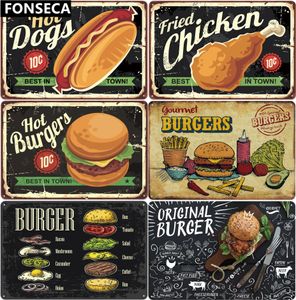 pittura artistica da cucina Hamburger di pollo Hot Dog Targa in metallo Piatti vintage per arte della parete Negozio di casa Decorazione ristorante vintage Dimensioni 30X20CM w02